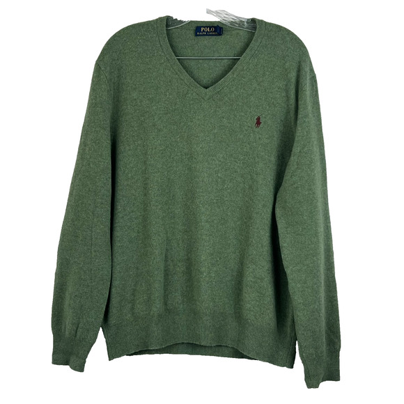 Polo Ralph Lauren Women's Large Green 100% Merino Wool V-Neck Ribbed KnitSweater - Picture 1 of 9